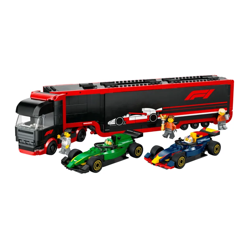 LEGO F1 truck met RB20 en AMR24 F1 auto's